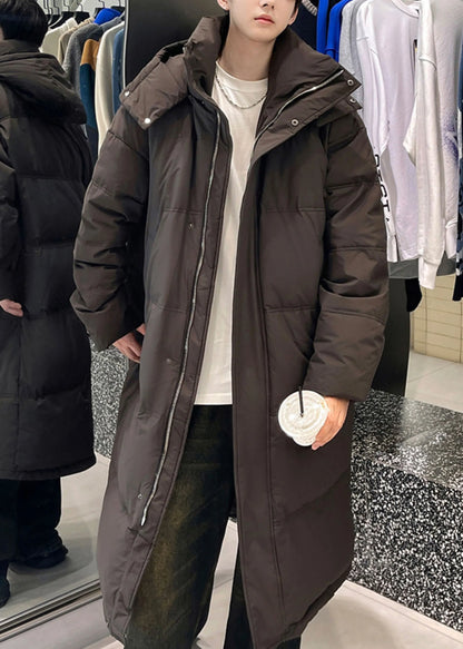 Loose Coffee Hooded Zippered Duck Down Down Long Coats Winter