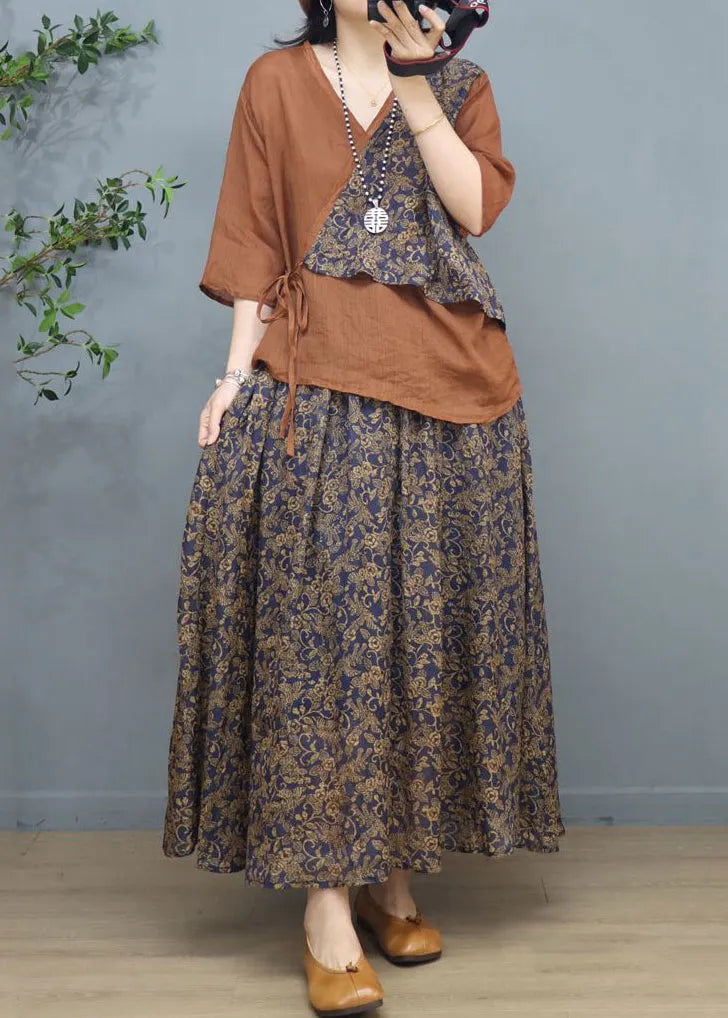 New Khaki Print Patchwork Tops and Skirts Cotton Two Pieces Set Summer