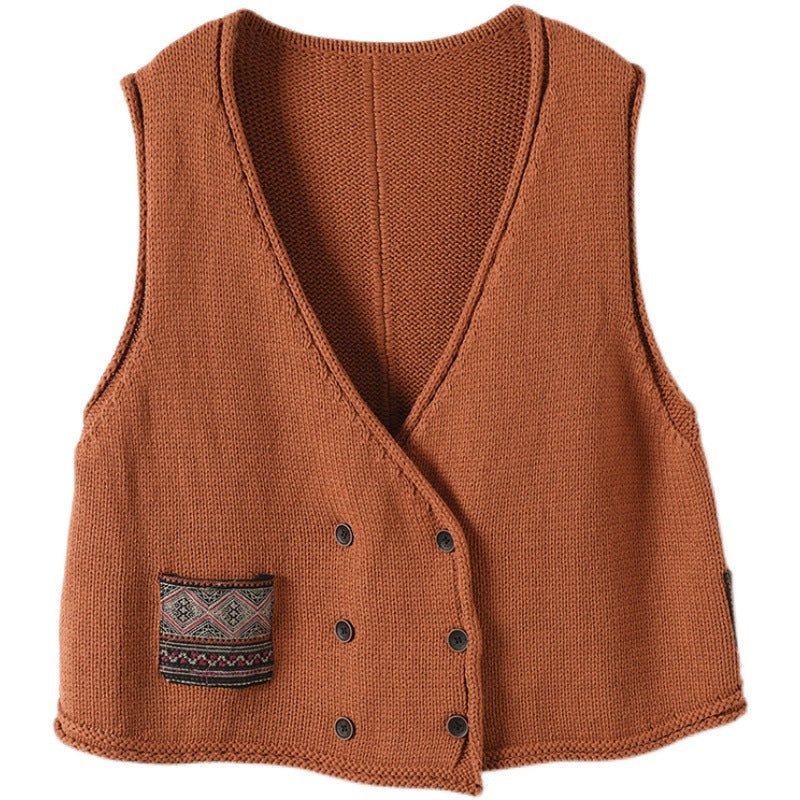 Knit Loose Double-breasted Patch Vest