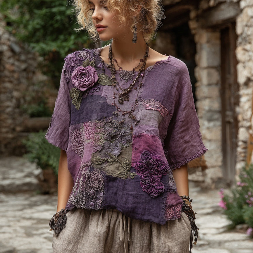 Vintage Purple Patchwork Rose Art Round Neck Loose T-shirt elevenforest