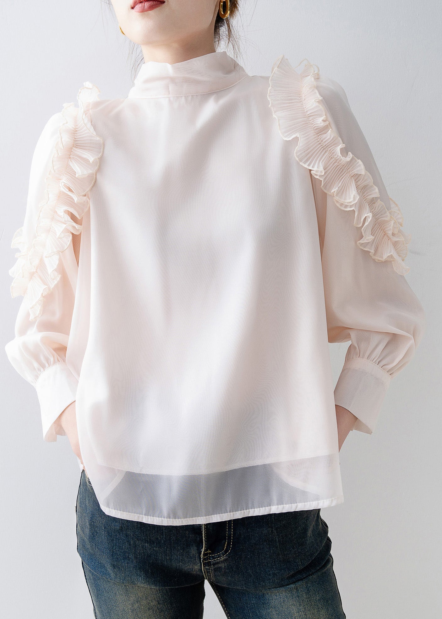 Apricot Stand Collar Ruffled Chiffon Top Spring