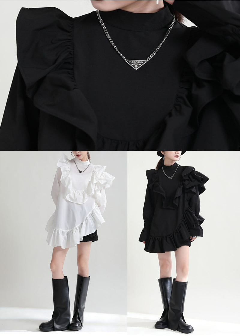 White Patchwork Cotton Shirt Top Ruffled Color Fall