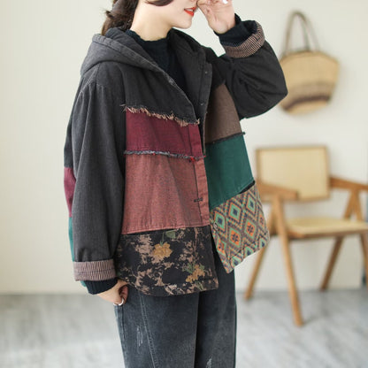 Padded Thick Loose Colorblock Denim Jacket