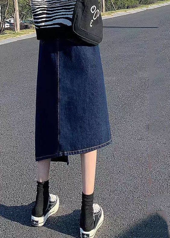Navy Side Open Asymmetrical Pocket Cotton Denim Wraped Skirts Cozy