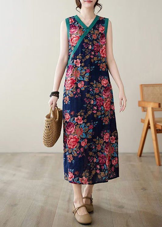 Style Navy Print Side Open Linen Dresses Sleeveless