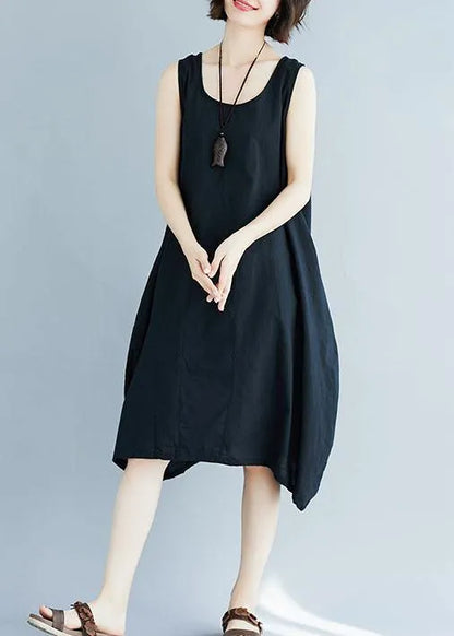 Black O Neck Linen Quilting Dresses Sleeveless Clothing Summer Dress