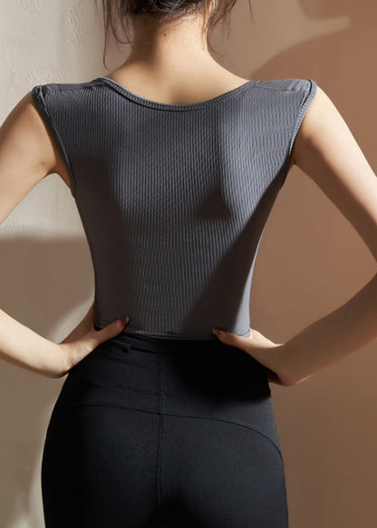 Grey O-neck Hollow Out Yoga Tank Tops