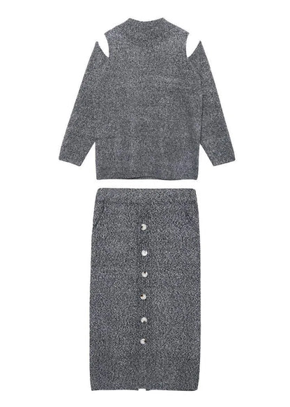 Autumn Knitted Gray Set Two-piece Skirt New Sweater Skirt Set