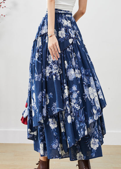 Blue Cotton Skirts Asymmetrical Exra Large Hem Fall