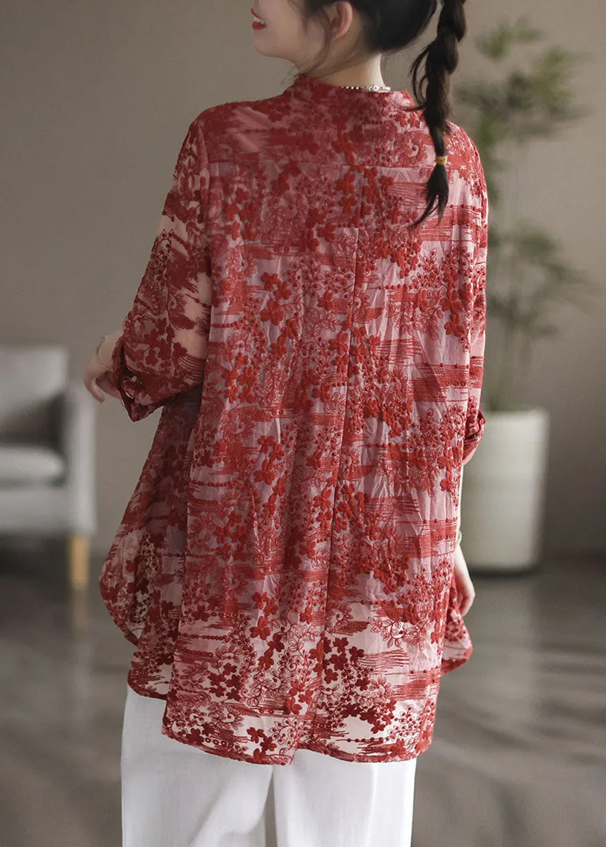Stylish White Stand Collar Embroidered Patchwork Lace Shirt Tops Long Sleeve