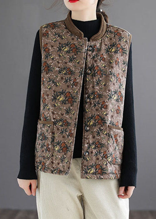 Brown Stand Collar Print Fine Cotton Filled Vest Sleeveless