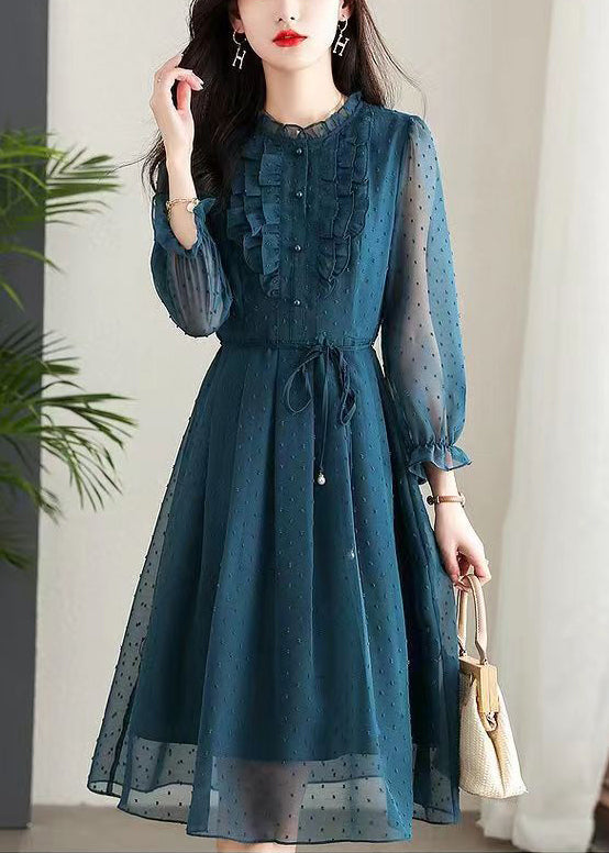 Navy Ruffled Tie Waist Patchwork Chiffon Dress Summer