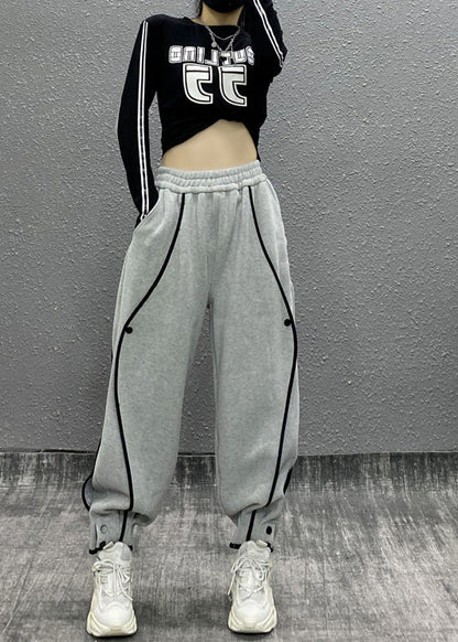 Grey Asymmetrical Pockets Elastic Waist Cotton Sport Pants Fall