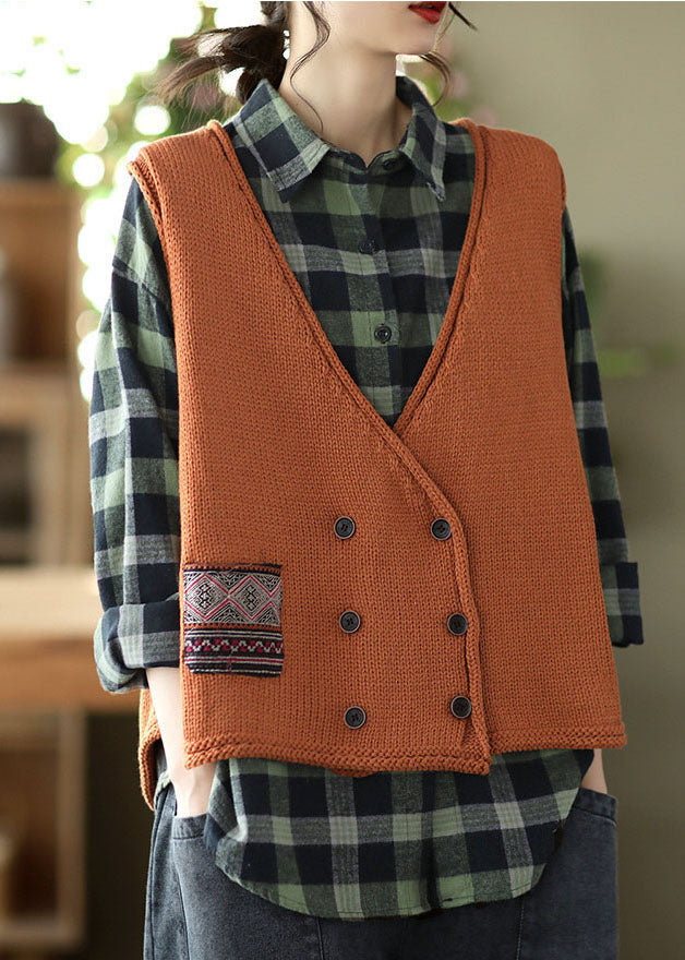 Classy Caramel V Neck Button Patchwork Knit Vest Spring
