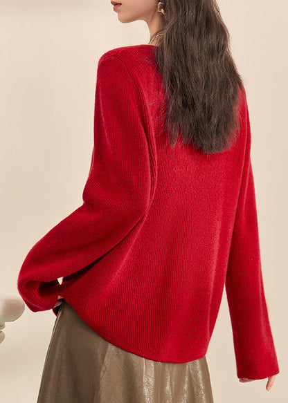 Chinese Style Red O-neck Button Cozy Cotton Knit Cardigans Fall