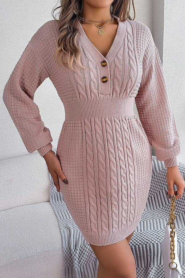 Marianne® | Buttoned, hip-hugging sweater dress with twisted lantern sleeves and V-neckline