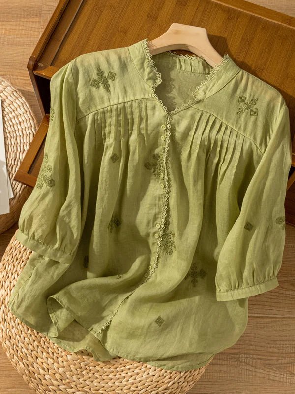 Embroidered V Neck 3/4 Sleeve Linen Shirt Top