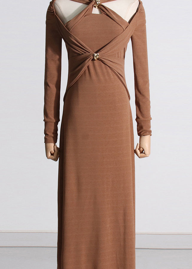 Unique Brown Hollow Out Patchwork Cotton Long Dress Fall