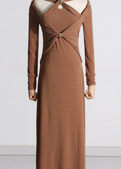 Unique Brown Hollow Out Patchwork Cotton Long Dress Fall