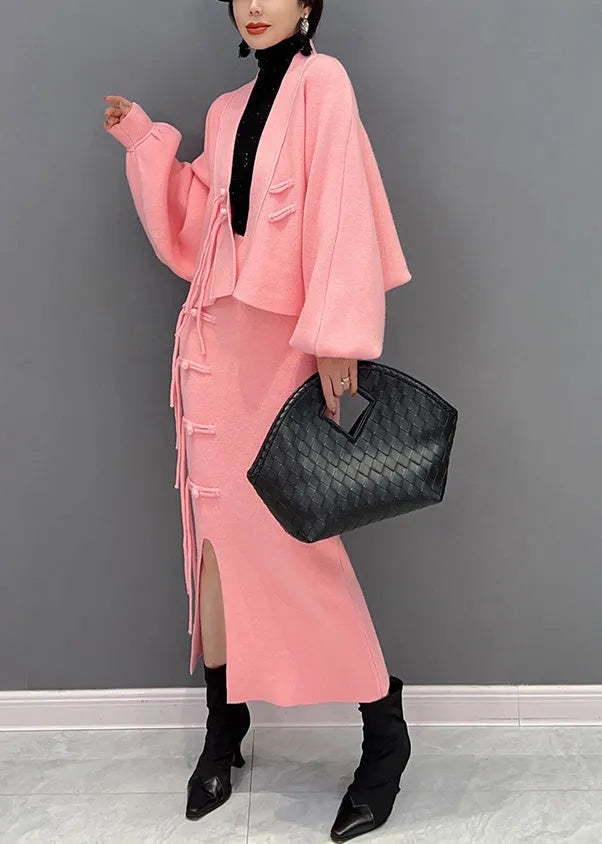 Pink V Neck Button Woolen Top and Maxi Skirts Two Pieces Set Winter