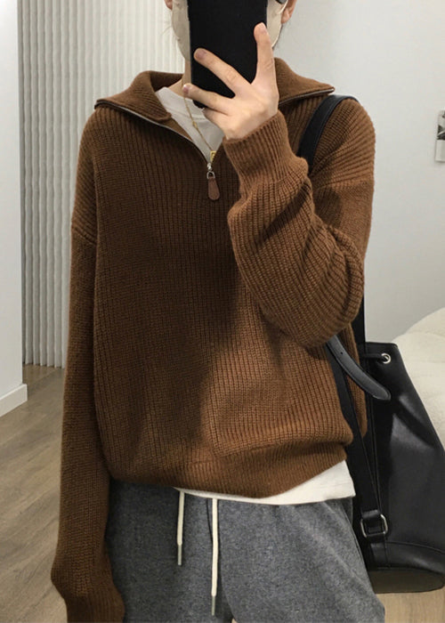 Apricot Zip Up Patchwork Cozy Knit Sweaters Long Sleeve
