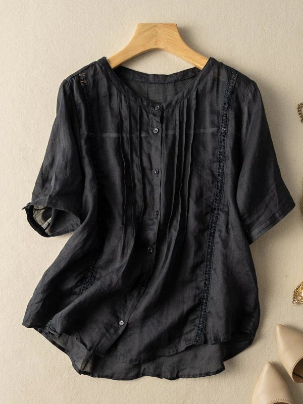 Pure Color Round Neck Short Sleeve Linen Top