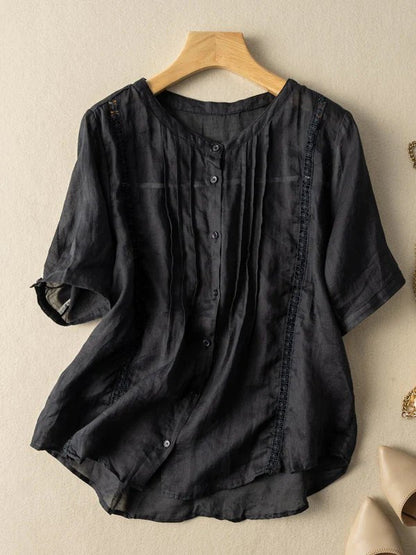 Pure Color Round Neck Short Sleeve Linen Top
