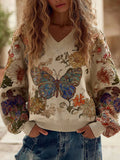 Women's Vintage Retro Casual Butterfly Floral Sweater artswardrobe