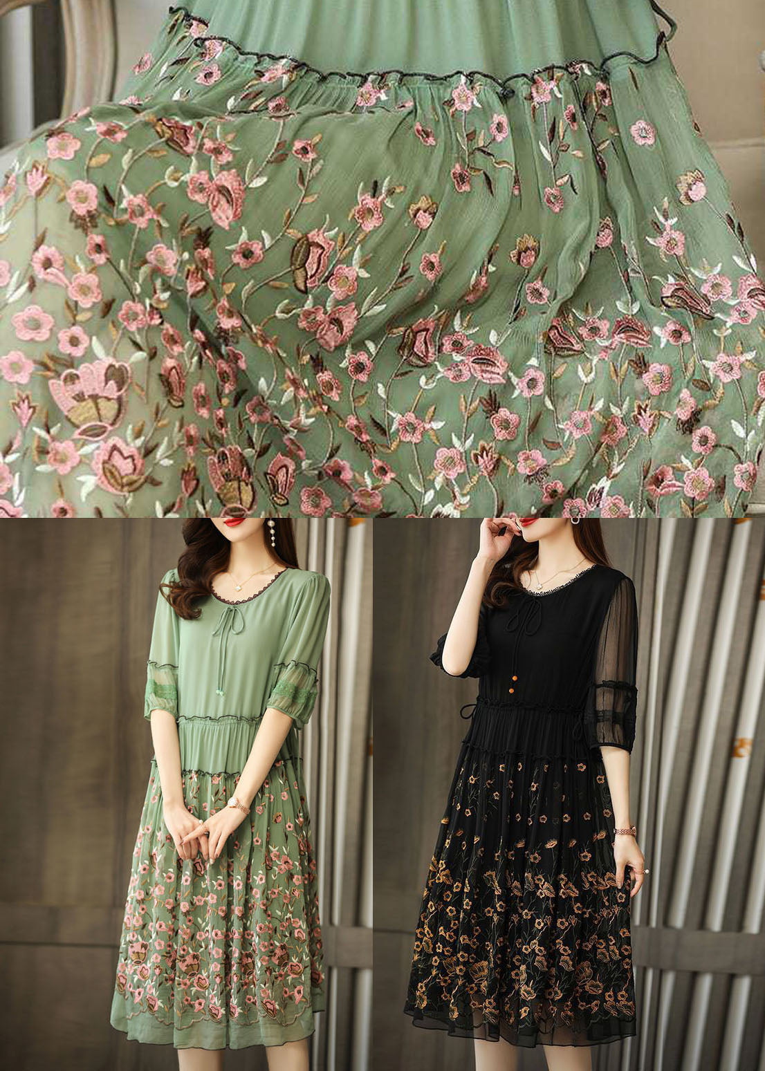 Green Chiffon Long Dress Ruffled Embroidered Summer