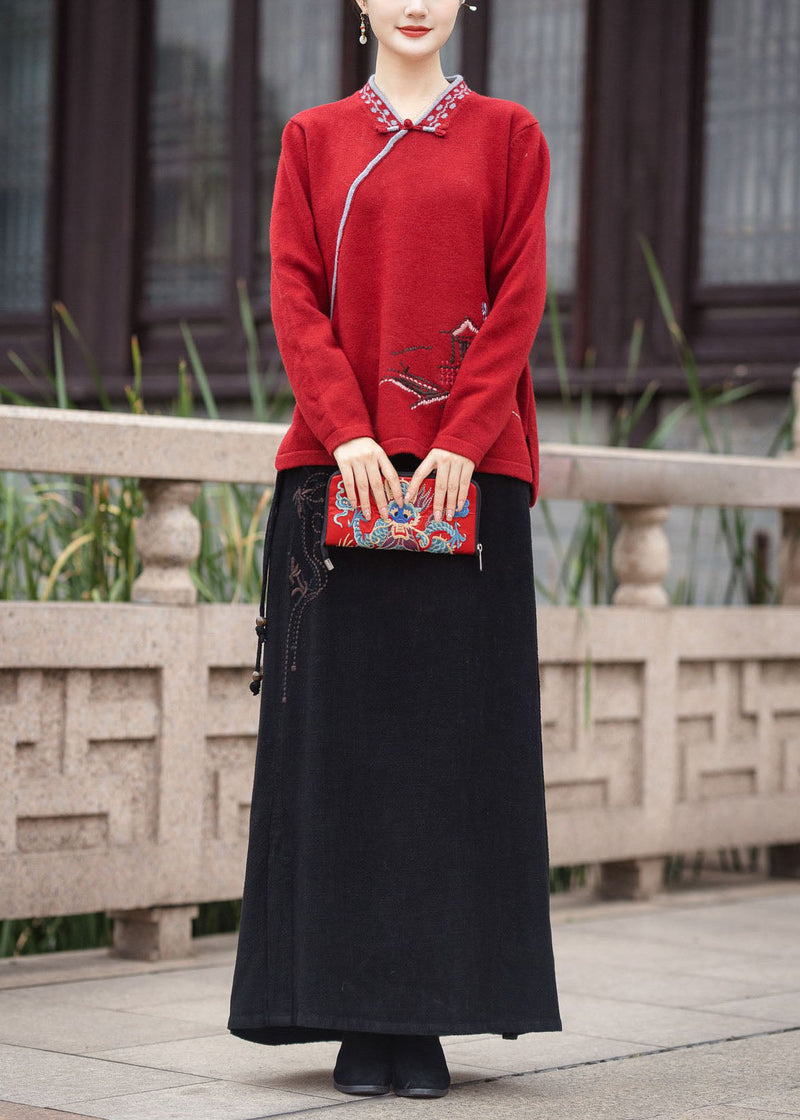 Red V Neck Oriental Button Embroideried Knit Tops Winter