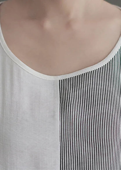 Boutique White O-neck Striped Patchwork Dress Short Sleeve