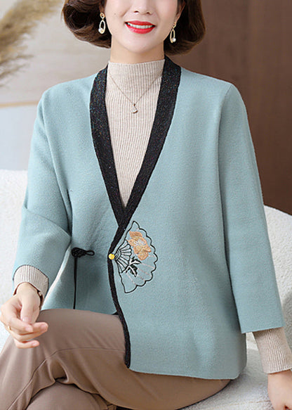 Fine Blue V Neck Print Knit Cardigans Fall