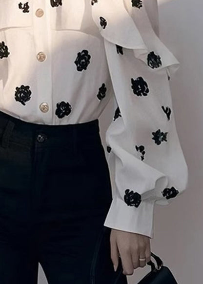 White Cold Shoulder Print Chiffon Shirt Fall