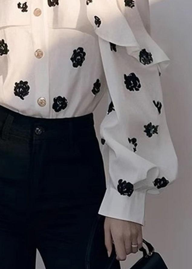 White Cold Shoulder Print Chiffon Shirt Fall
