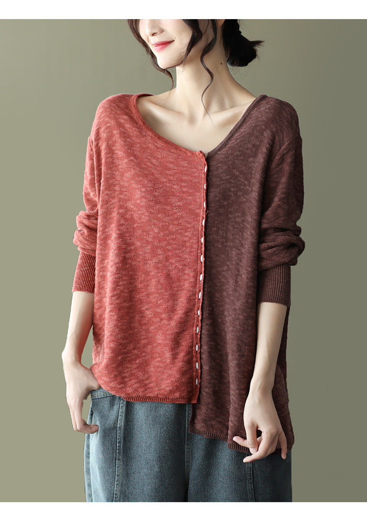 New Literary Retro Color Matching Knitted Top