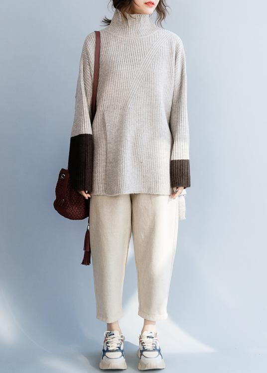 For Beige Knitted Top High Neck Knit Wear Front Open