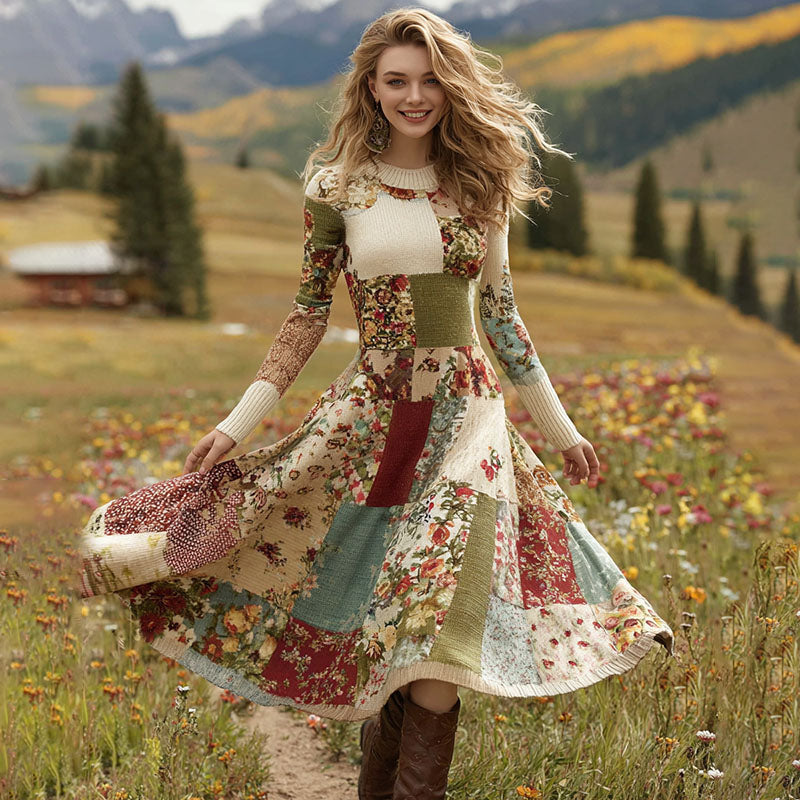 Comstylish Women's Patchwork Floral Art Cozy Knit Maxi Sweater Dress