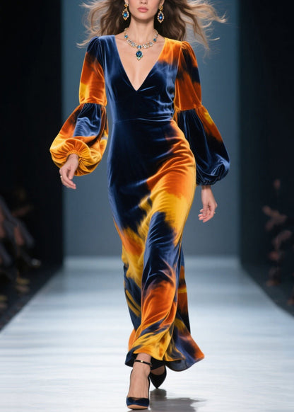 V Neck Tie Dye Velvet Long Dress Lantern Sleeve