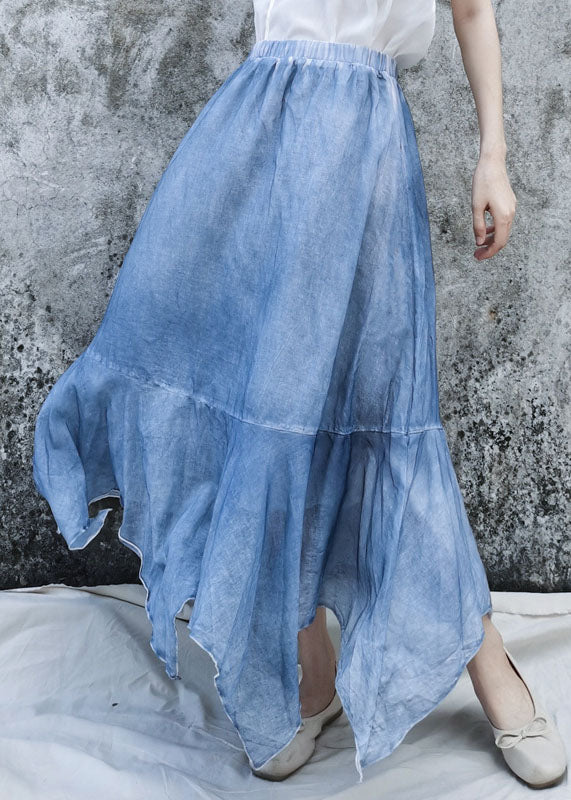 Blue Elastic Waist Asymmetrical Patchwork Cotton Skirt Summer
