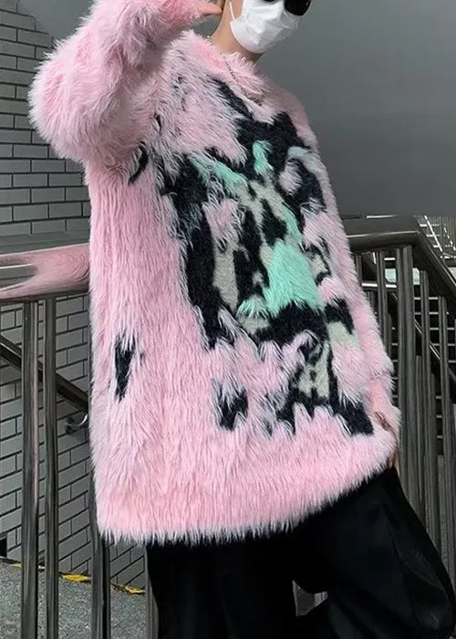 Art Pink O Neck Patchwork Mink Velvet Sweaters Winter