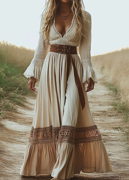 Beige Hollow Out Tunic Maxi Dress Summer