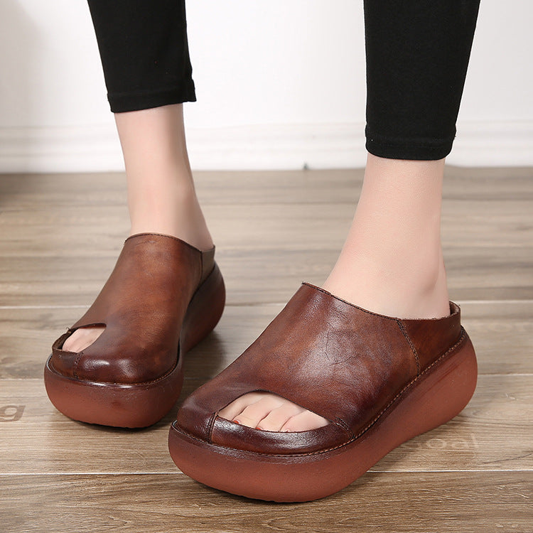 Retro Leather Wedge Slippers