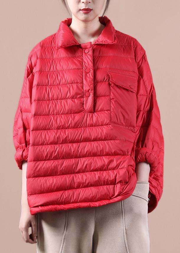 Down Jacket Overcoat Red Lapel Pockets Goose Down Coat