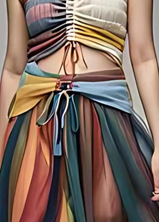 Rainbow High Waist Tie Waist Chiffon Maxi Skirt Summer