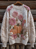 Comstylish Pumpkin And Flower Plush Warm Round Neck Sweater