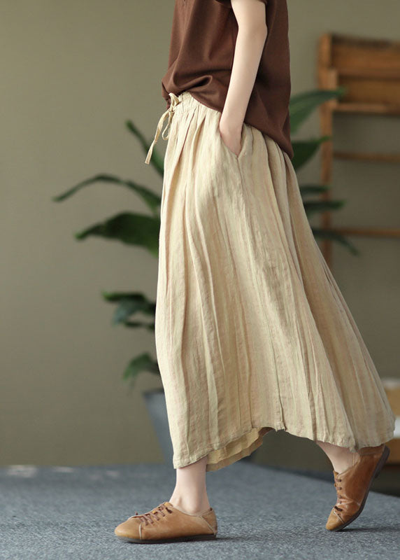 Khaki Drawstring Pockets Linen a Line Skirts Summer