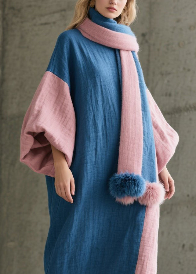 Colorblock O Neck Patchwork Cotton Robe Dresses Fall