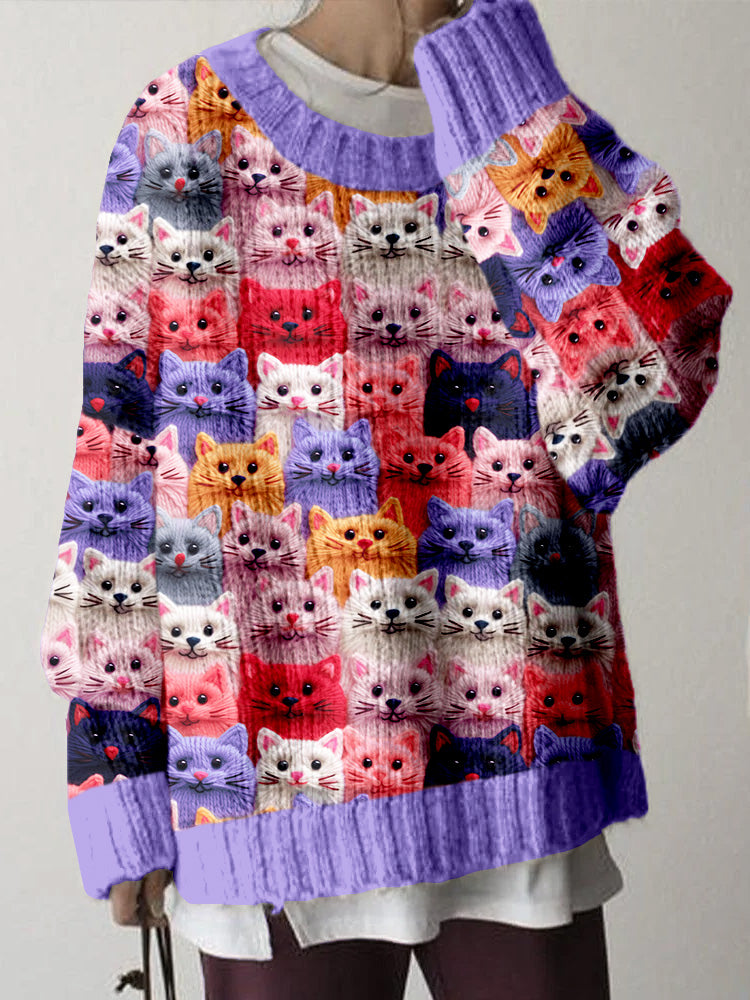 Comstylish Colorful Cute Cats Pattern Cozy Knit Sweater