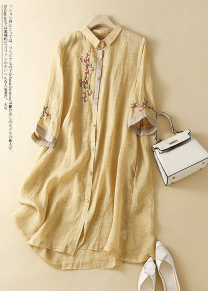 Pink Embroidered Patchwork Linen Shirt Dress Summer