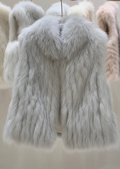 Grey Fox Collar Patchwork Leather and Fur Waistcoat Winter